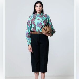 NWT Tibi shirred-neck paisley cotton blouse in light green.